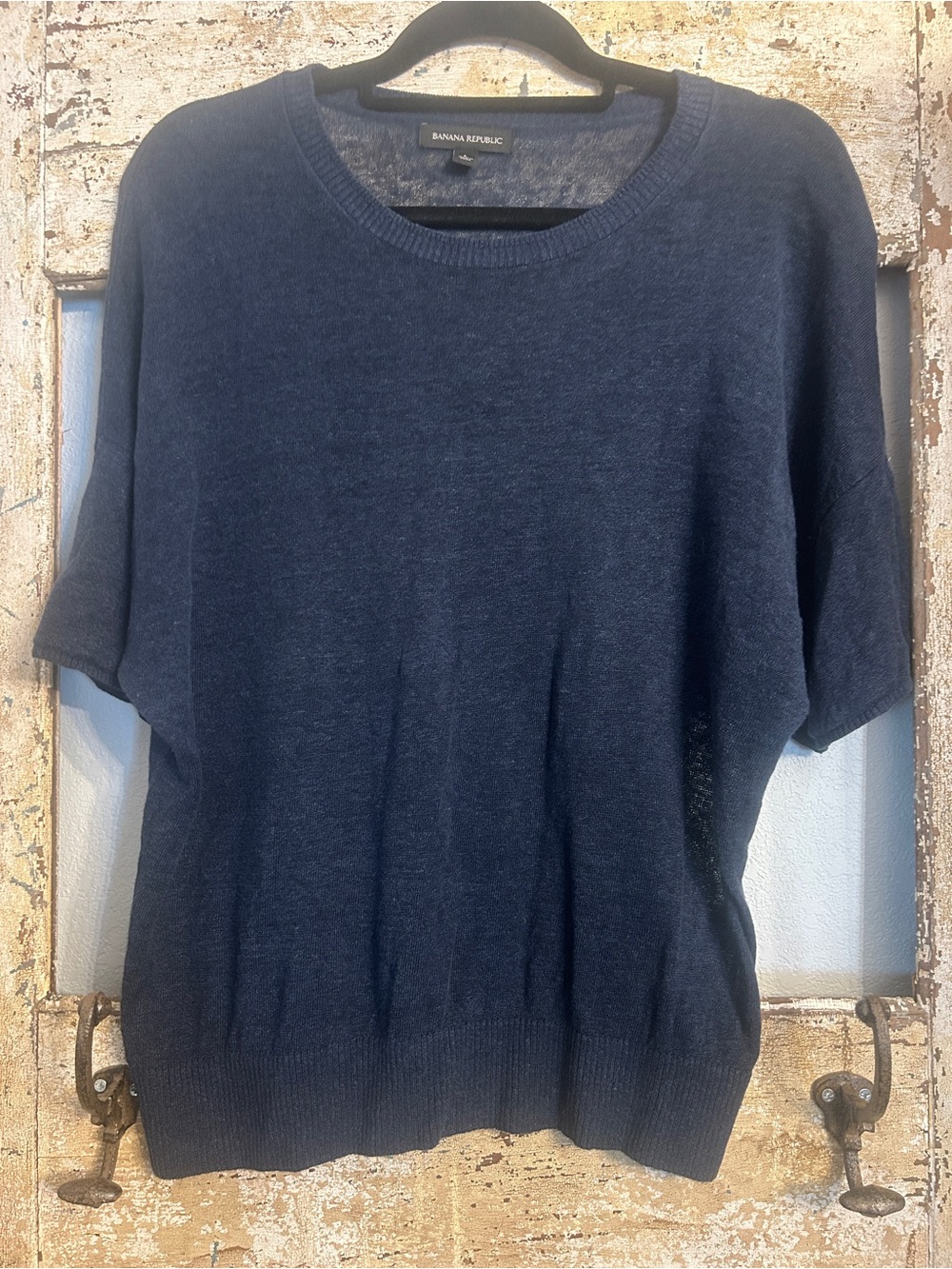 Banana Republic Relaxed Linen Blend Navy Crewneck Short-Sleeve Sweater